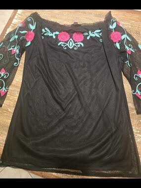 Black Off-Shoulder Embroidered Floral Blouse - Pink & Teal Accents
